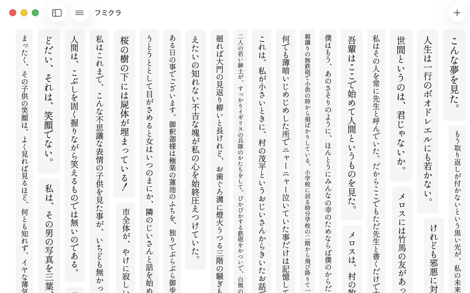 フミクラの「眺める」画面。縦書きの一節が高さの違う列になって隙間なく並んでいる